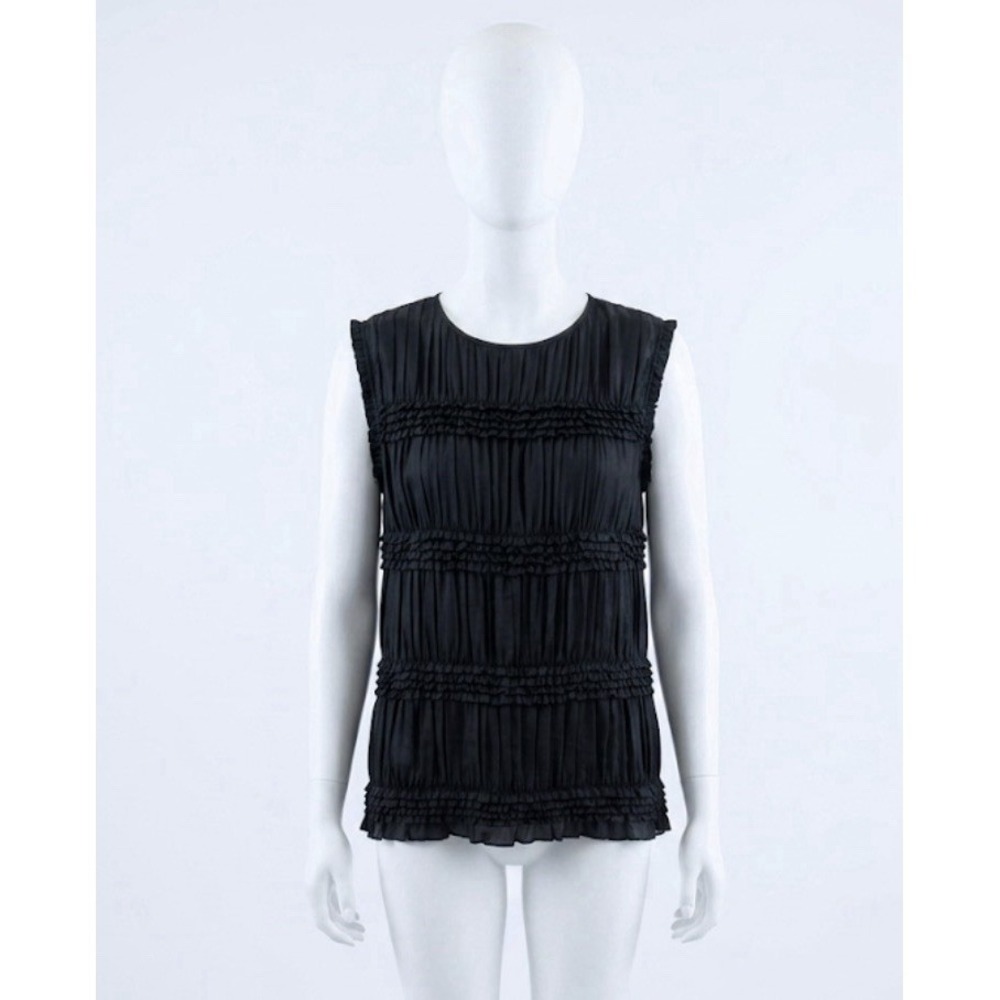 Theory Black 100% Silk Ruffle Tiered Sleeveless Blouse Flirty Keyhole Back Top M